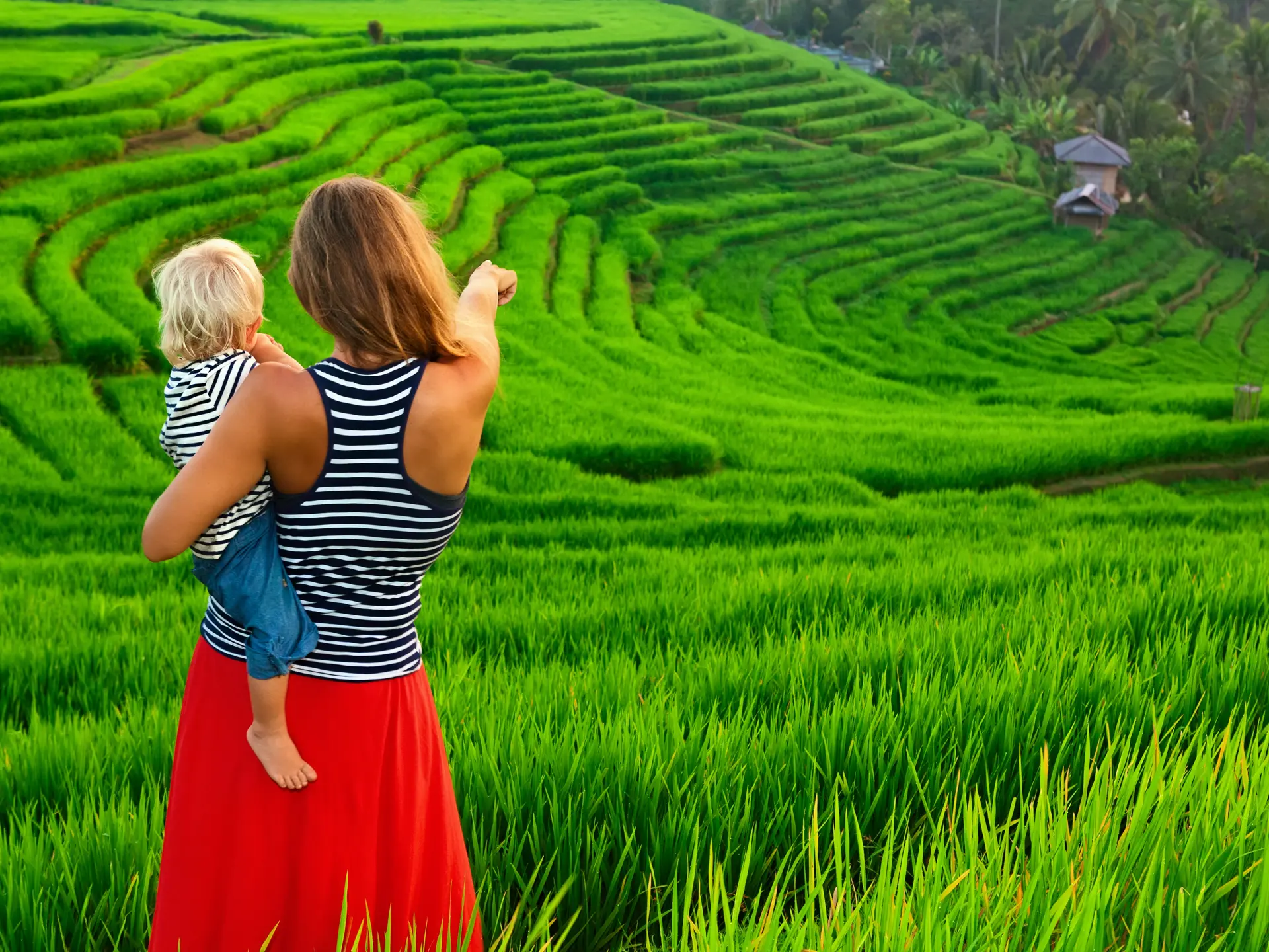 shutterstock_567711667 Beautiful view of Balinese traditional fields. Nature walk in green rice terrace. Happy mother hold happy little baby traveler. Travel adventure with child, family summer vacation in.jpg