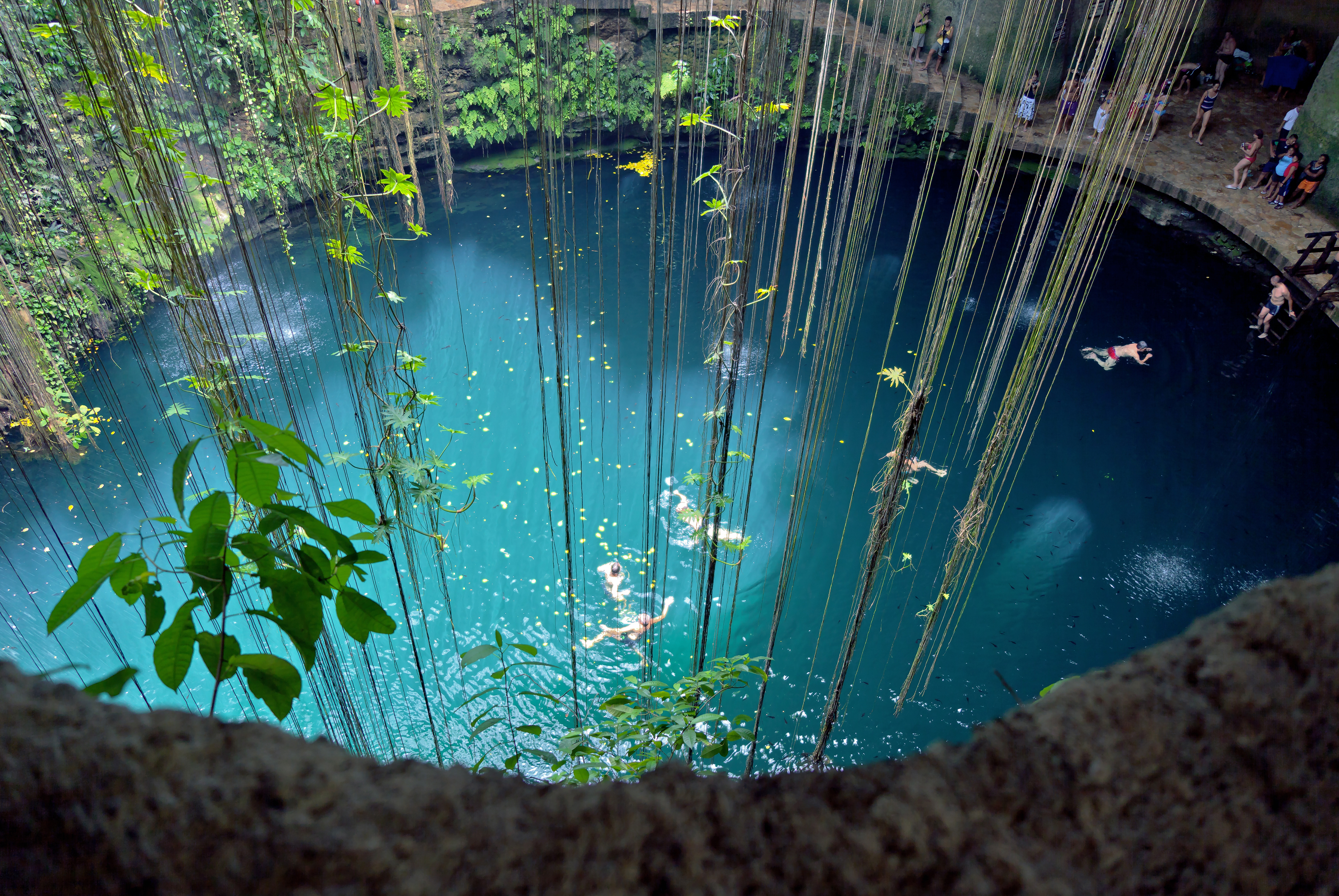 Cenote Kankirixche i Yucatán med klart vand og drypstensformationer
